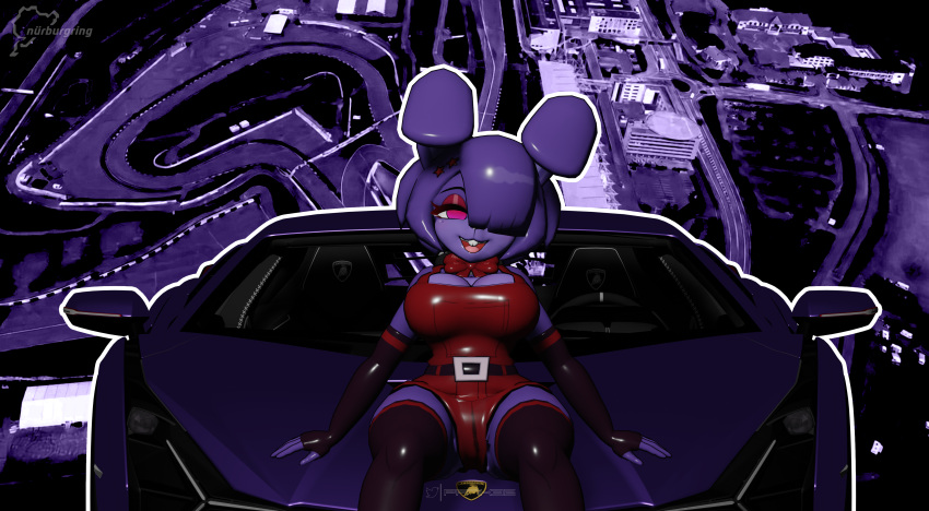 2022 3d_(artwork) absurd_res accessory anthro armwear bonnie_(cally3d) bonnie_(fnaf) bow_tie clothing digital_media_(artwork) eyeshadow female five_nights_at_freddy's fredina's_nightclub fur hair hair_accessory hi_res lagomorph lamborghini legwear leporid makeup mammal nurburgring overalls pink_eyes purple_armwear purple_background purple_body purple_clothing purple_fur purple_hair purple_legwear rabbit race_queen race_track red_bow_tie red_clothing red_eyeshadow red_overalls scottgames sheeple3d simple_background smile smiling_at_viewer solo