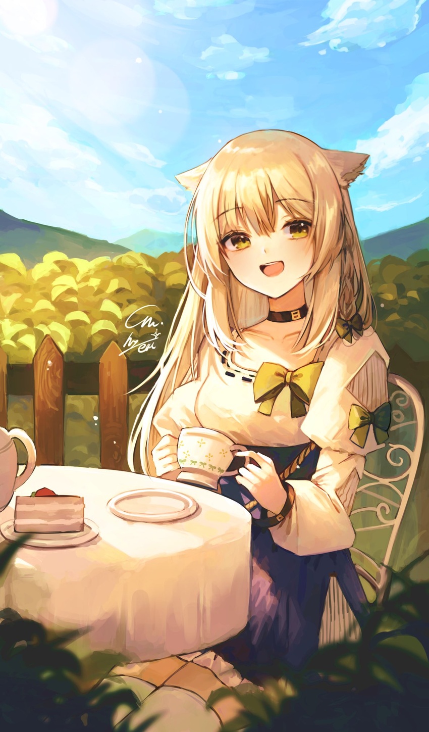 alpaca_ears alpaca_girl animal_ears cake cake_slice chair choker commission cup female food green_eyes highres indie_virtual_youtuber jihyeyeon long_hair long_sleeves looking_to_the_side open_mouth outdoors plate puffy_long_sleeves puffy_sleeves solo sophiel_paka table teacup virtual_youtuber