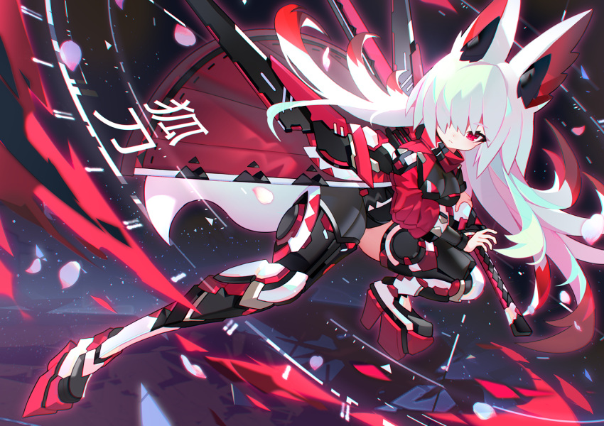 animal_ears breasts cleavage female fighting_stance fox_ears fox_girl fox_tail hair_over_one_eye holding holding_sheath jacket katana long_hair looking_at_viewer mamuru mechanical_legs medium_breasts open_clothes open_jacket original red_eyes scabbard sheath sheathed single_mechanical_leg solo sword tail weapon white_hair