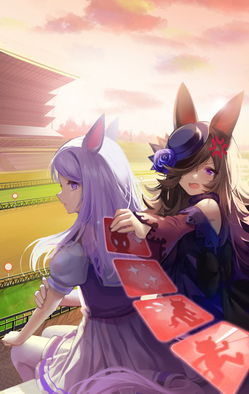 2girls absurdres anger_vein animal_ears baiiya bleachers blue_flower blue_headwear blue_rose brown_hair chinese_commentary dress flower gameplay_mechanics hair_over_one_eye hat hat_flower highres horse_ears horse_girl horse_racing_track horse_tail light_purple_hair long_hair mejiro_mcqueen_(umamusume) mixed-language_commentary multiple_girls off-shoulder_dress off_shoulder pleated_skirt puffy_short_sleeves puffy_sleeves purple_eyes purple_shirt rice_shower_(umamusume) rose sailor_collar sailor_shirt school_uniform shirt short_sleeves skirt summer_uniform swept_bangs tail tilted_headwear tracen_school_uniform umamusume