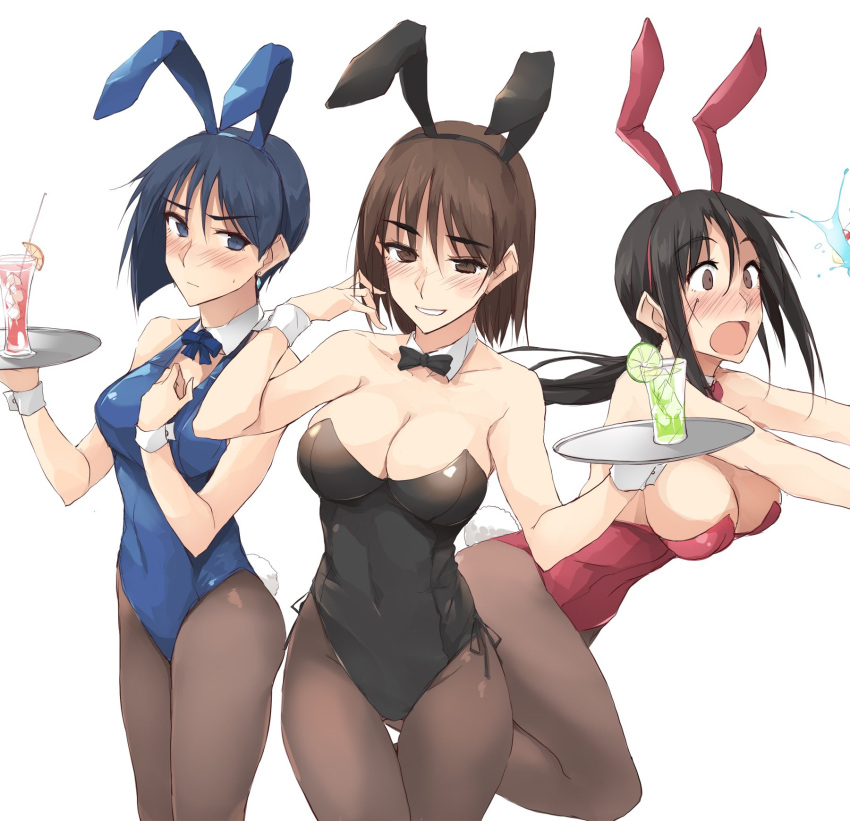 3girls animal_ears asymmetrical_hair black_bow black_bowtie black_hair black_legwear black_leotard blue_eyes blue_hair blue_leotard blue_neckwear blush bow bowtie breasts brown_eyes brown_hair cherry cleavage closed_mouth collar commentary_request constricted_pupils covered_navel cup detached_collar drinking_glass drinking_straw earrings fake_animal_ears fake_tail food frown fruit grin halterneck hand_in_own_hair hand_on_own_chest highres holding holding_tray jewelry kitano_(zekkyon) large_breasts leaning_forward lemon lemon_slice leotard ligh_xi lime_(fruit) lime_slice long_hair looking_at_viewer low_ponytail medium_breasts medium_hair multiple_girls neck_ribbon original osawa_(zekkyon) pantyhose playboy_bunny rabbit_ears rabbit_tail red_bow red_bowtie red_leotard ribbon shimorenjaku_(zekkyon) short_hair side-tie_leotard sidelocks simple_background sleeveless smile spilling standing tail thigh_gap tray tripping white_background white_collar wrist_cuffs zekkyon