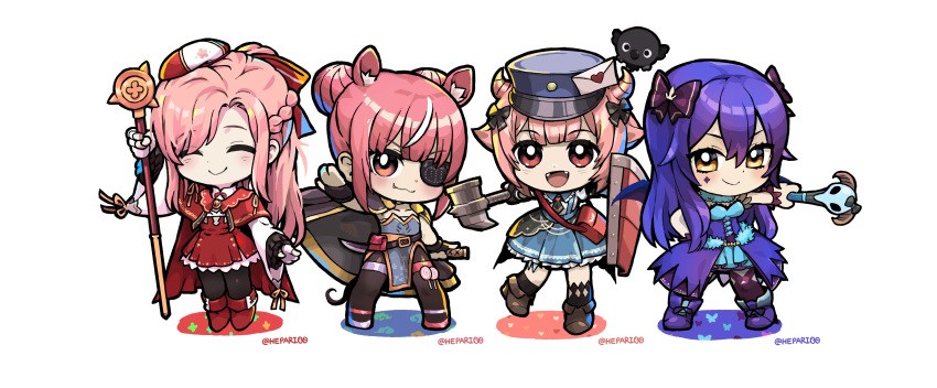 4girls ^_^ absurdres animal_ear_fluff animal_ears bird blush bow braid brown_eyes cape chibi closed_eyes closed_mouth commission crow crown_braid double_bun english_commentary eyepatch facial_tattoo fang_out fangs hair_bun hairbow hammer hepari highres holding holding_hammer holding_shield holding_staff holding_sword holding_weapon horns kirihime_ria mailman matsuro_meru mouse_ears mouse_girl multiple_girls muni_(matsuro_meru) nini_yuuna nini_yuuna_(2nd_costume) oerba_yun_fang one_eye_covered open_mouth pink_hair purple_hair shield short_hair smile staff sword tattoo tsunderia tsunderia_quest virtual_youtuber weapon yazaki_kallin yellow_eyes