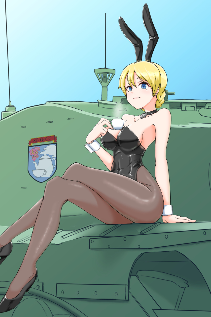 absurdres animal_ears bare_shoulders black_choker black_footwear black_leotard black_pantyhose blonde_hair blue_eyes braid breasts choker churchill_(tank) closed_mouth collarbone commentary covered_navel crossed_legs cup darjeeling_(girls_und_panzer) emblem fake_animal_ears female girls_und_panzer heart heart_choker high_heels highres holding holding_cup legs leotard looking_at_viewer medium_breasts military military_vehicle motor_vehicle nyang-kaz on_vehicle pantyhose playboy_bunny rabbit_ears short_hair sitting smile solo st._gloriana's_(emblem) strapless strapless_leotard stream tank teacup thighs tied_hair twin_braids wrist_cuffs