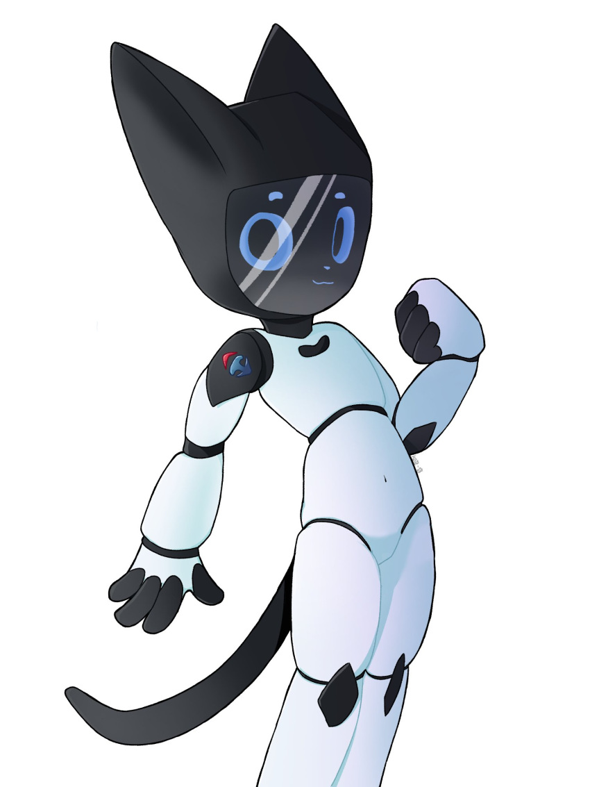 3:4 android anthro anthrofied bellabot black_head carrefour domestic_cat felid feline felis hi_res kerfus kote-0 looking_at_viewer machine mammal multicolored_body null pudu_robotics raised_hand robot screen screen_face simple_background solo standing white_body