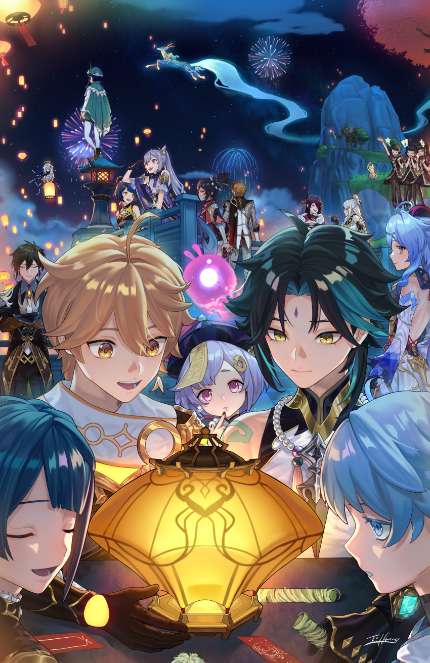 6+boys 6+girls absurdres aether_(genshin_impact) ahoge animal back backless_outfit baishi_(genshin_impact) baiwen_(genshin_impact) baixiao_(genshin_impact) bare_shoulders bead_necklace beads beidou_(genshin_impact) black_hair blonde_hair blue_hair chongyun_(genshin_impact) closed_eyes coin_hair_ornament deer detached_sleeves dress feline fireworks ganyu_(genshin_impact) genshin_impact gradient_hair hair_ornament highres horns jewelry jiangshi keqing_(genshin_impact) lantern long_hair lumine_(genshin_impact) multicolored_hair multiple_boys multiple_girls necklace night night_sky ningguang_(genshin_impact) orange_hair paimon_(genshin_impact) purple_dress purple_hair purple_headwear qiqi_(genshin_impact) ruin_guard_(genshin_impact) seelie_(genshin_impact) sky skybracer_(genshin_impact) smile talisman tartaglia_(genshin_impact) tassel tfny venti_(genshin_impact) very_long_hair vision_(genshin_impact) waist_cape xiangling_(genshin_impact) xiao_(genshin_impact) xingqiu_(genshin_impact) xinyan_(genshin_impact) zhongli_(genshin_impact)