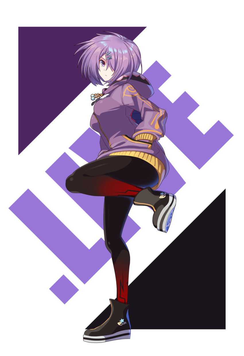 .live black_pantyhose female full_body hair_ornament hairclip highres jacket kiso_azuki leg_up looking_at_viewer pantyhose purple_eyes purple_hair rune_(ru-nn) shoes short_hair solo standing standing_on_one_leg virtual_youtuber