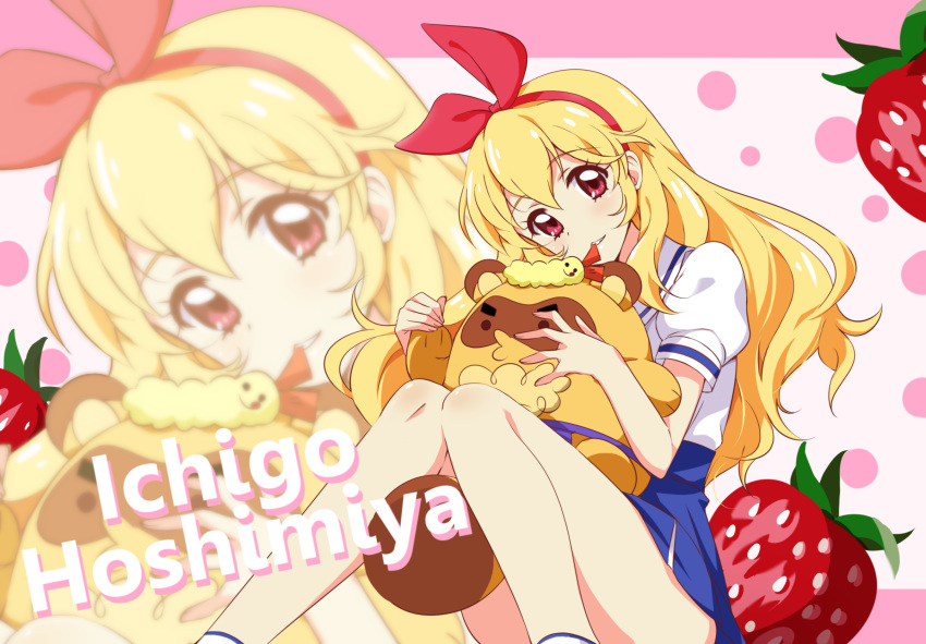 aikatsu! aikatsu!_(series) biting blonde_hair blush bow character_name commentary ebipon female food fruit hairband hairbow highres holding holding_stuffed_toy hoshimiya_ichigo knees_together_feet_apart long_hair looking_at_viewer mascot name_connection open_mouth pleated_skirt polka_dot polka_dot_background puffy_short_sleeves puffy_sleeves red_eyes school_uniform shiny_skin short_sleeves sitting skirt socks solo starlight_academy_school_uniform strawberry stuffed_animal stuffed_toy thighs tokiani zoom_layer