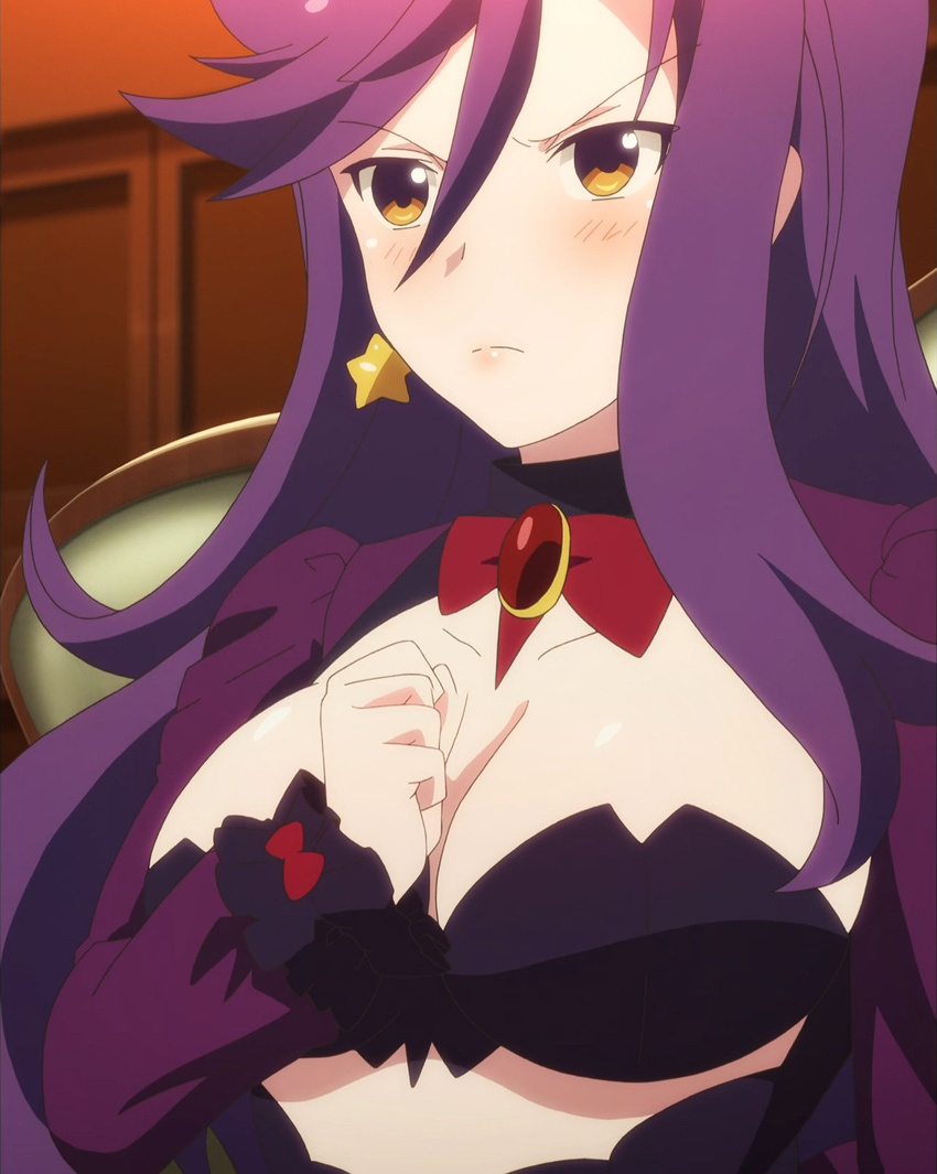 almaria ange_vierge anime_screenshot breasts cleavage female highres long_hair purple_hair solo yellow_eyes