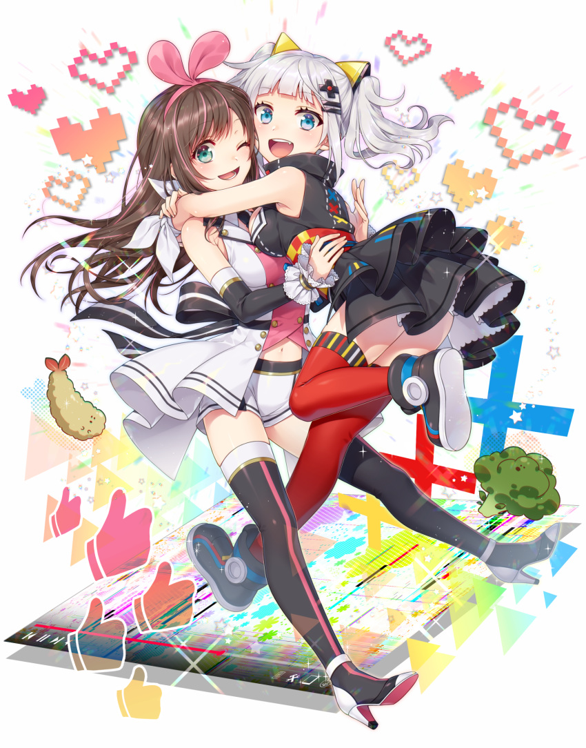 2girls :d ;d aqua_eyes black_dress black_legwear blue_eyes breasts brown_hair commentary_request dress full_body grey_hair hair_ornament hairband heart highres hug kaguya_luna kizuna_ai kizuna_ai_(elegant) kizuna_ai_inc. long_hair looking_at_viewer mise_yuzuki multicolored_hair multiple_girls navel obi one_eye_closed open_mouth pink_hair pink_hairband red_legwear ribbon sash short_hair sleeveless sleeveless_dress smile streaked_hair the_moon_studio thighhighs twintails virtual_youtuber white_ribbon wrist_ribbon x_hair_ornament