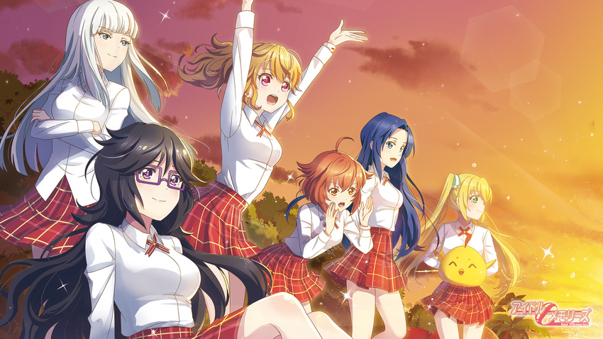 6+girls :d ahoge arms_behind_back arms_up black_hair blonde_hair blue_eyes blue_hair brown_hair character_request copyright_name crossed_arms dress_shirt dusk floating_hair glasses green_eyes hair_ribbon highres idol_memories leaning_forward lens_flare long_hair miniskirt multiple_girls neck_ribbon open_mouth orange_eyes outdoors pink_eyes pleated_skirt ponytail purple-framed_eyewear red_ribbon red_skirt ribbon school_uniform shirt short_hair silver_hair sitting skirt smile sparkle standing twintails very_long_hair white_ribbon white_shirt