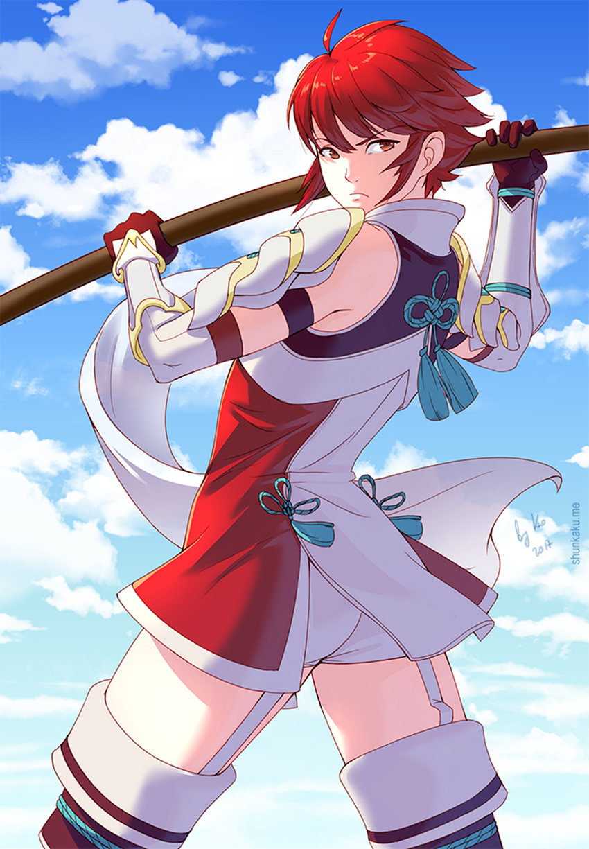 ahoge armor ass boots dress female fire_emblem fire_emblem_(if) garter_straps hinoka_(fire_emblem_if) looking_back orange_eyes red_hair short_hair short_shorts shorts shunkaku solo spear thigh_boots weapon