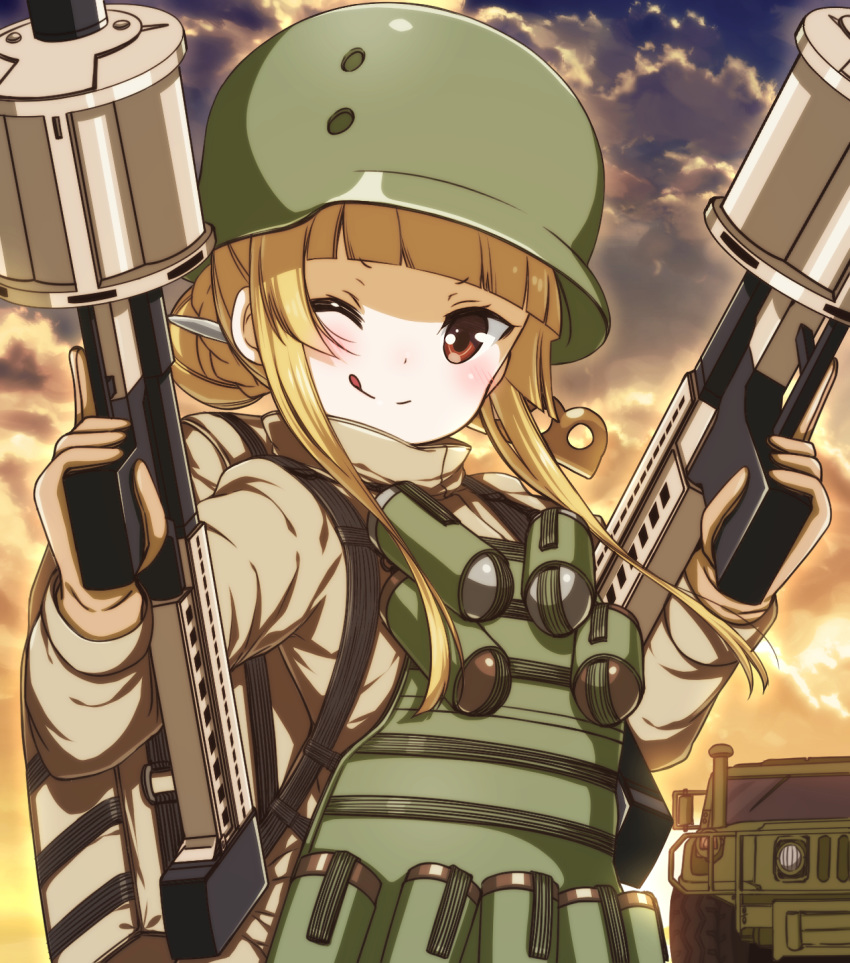 ;q blonde_hair blunt_bangs braid braided_bun brown_eyes brown_gloves brown_jacket catbell commentary_request female floating_hair fukaziroh_(sao) gloves grenade_launcher ground_vehicle gun hair_bun highres holding holding_gun holding_weapon humvee jacket knife_in_hair long_hair looking_at_viewer loud military military_uniform milkor_mgl motor_vehicle one_eye_closed outdoors rightony_&_leftania single_hair_bun solo sword_art_online sword_art_online_alternative:_gun_gale_online tongue tongue_out trench_knife uniform upper_body weapon