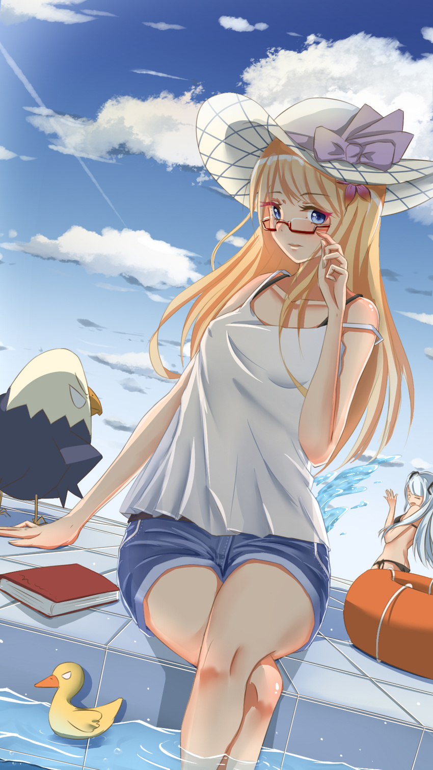 2girls bad_id bad_pixiv_id bald_eagle bell_mccamp_(warship_girls_r) bikini bird black_bikini blonde_hair blue_eyes book closed_eyes cloud crossed_legs day denim denim_shorts eagle essex_(warship_girls_r) flower glasses hair_flower hair_ornament hat highres hood_(warship_girls_r) kanryourei long_hair looking_at_viewer multiple_girls outdoors partially_submerged poolside rectangular_eyewear red-framed_eyewear rubber_duck semi-rimless_eyewear shorts sitting sky spaghetti_strap sun_hat swimsuit twintails under-rim_eyewear warship_girls_r water