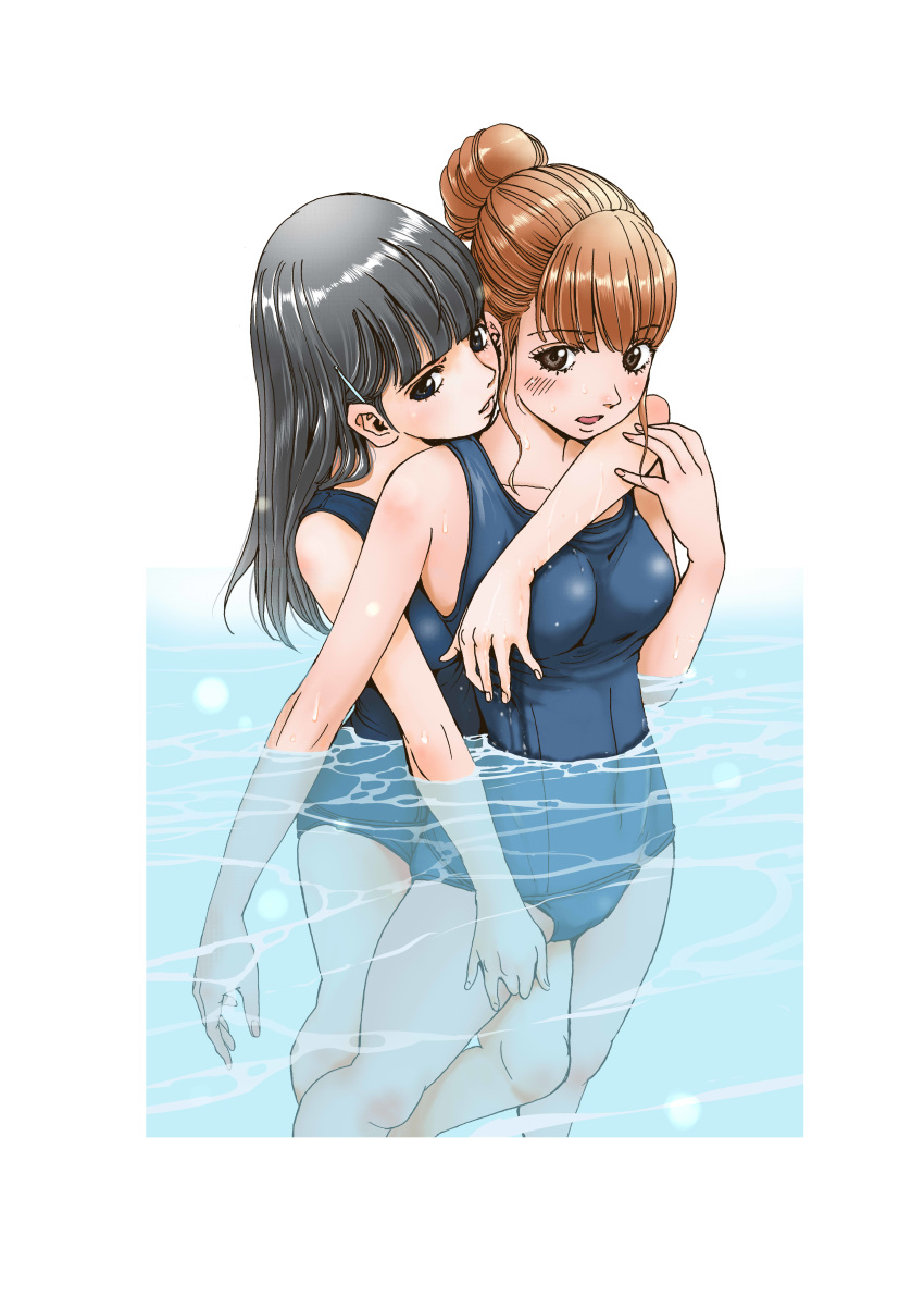 2girls absurdres arm_over_shoulder black_hair blue_eyes blue_one-piece_swimsuit blunt_bangs blush border breasts brown_hair cameltoe caustics collarbone commentary_request covered_navel dripping hair_bun hair_ornament hairclip hand_on_another's_thigh hand_up highres hug hug_from_behind katayama_makoto leg_between_thighs long_hair looking_at_viewer multiple_girls old_school_swimsuit one-piece_swimsuit open_mouth original parted_lips partially_submerged school_swimsuit sidelocks single_hair_bun small_breasts standing swimsuit water wet yuri