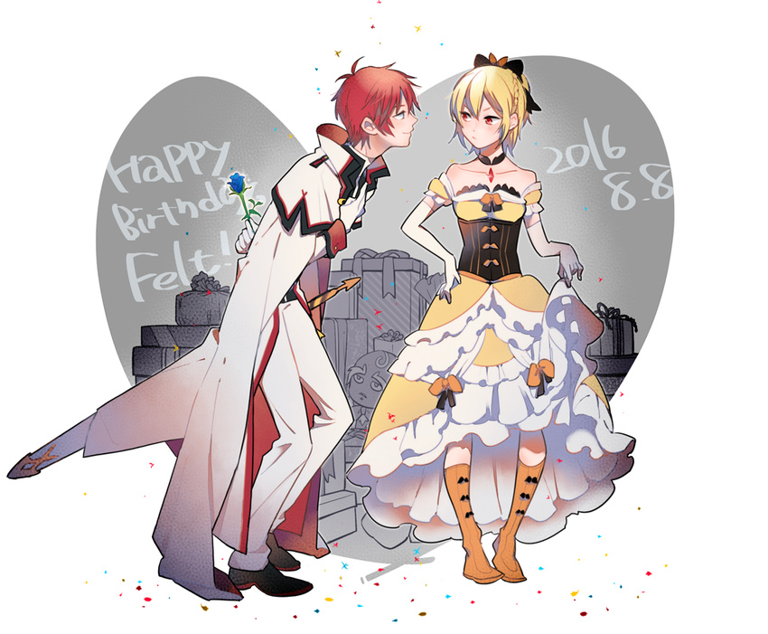 1boy blonde_hair blue_eyes blue_flower blue_rose bow braid character_doll commentary_request dated dress elbow_gloves felt_(re:zero) female flower gift gloves hairbow happy_birthday re:zero_kara_hajimeru_isekai_seikatsu red_eyes red_hair reinhard_van_astrea rom_(re:zero) rose short_hair sogekishu_(sni8er) uniform