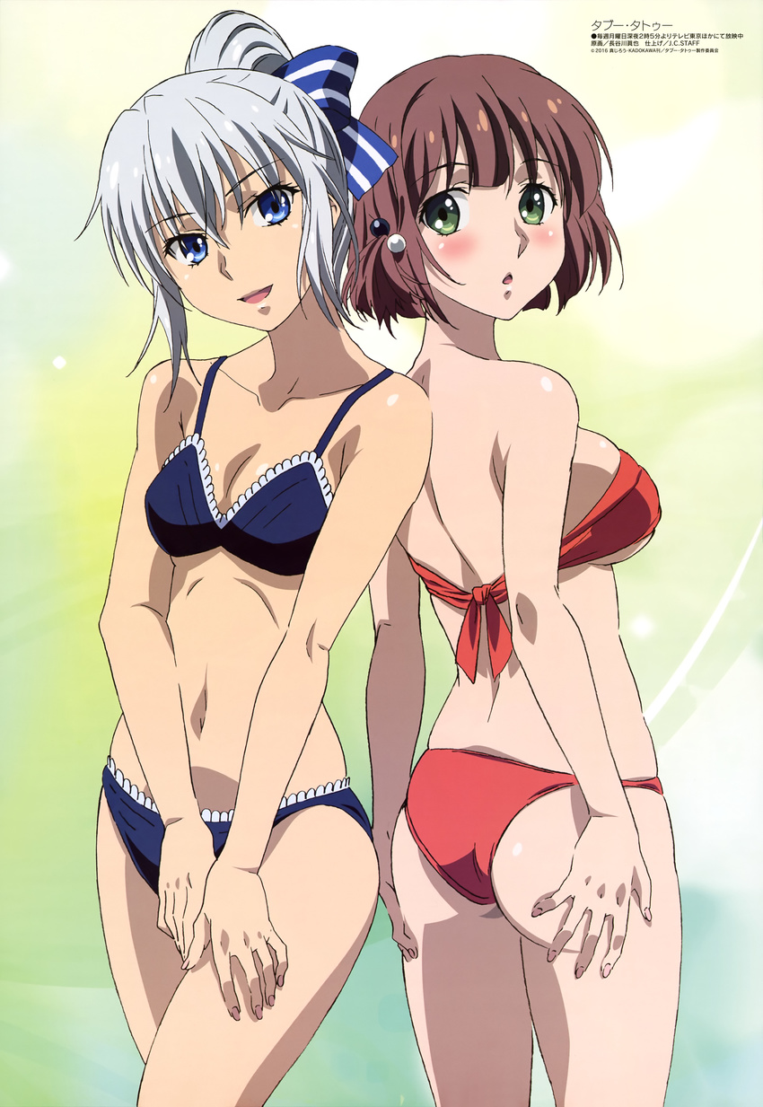 2girls :d absurdres ass bare_legs bare_shoulders bikini blue_bikini blue_eyes bluesy_fluesy blush bow breasts brown_hair chestnut_mouth cleavage collarbone eyes_visible_through_hair fingernails green_eyes grey_hair hair_between_eyes hairbow hand_on_own_ass hand_on_own_thigh hasegawa_shin'ya highres ichinose_touko large_breasts looking_at_viewer looking_back magazine_scan megami_magazine multiple_girls nail_polish navel non-web_source official_art open_mouth parted_lips pink_nails ponytail red_bikini scan short_hair skindentation small_breasts smile strapless strapless_bikini striped striped_bow swimsuit taboo_tattoo tongue