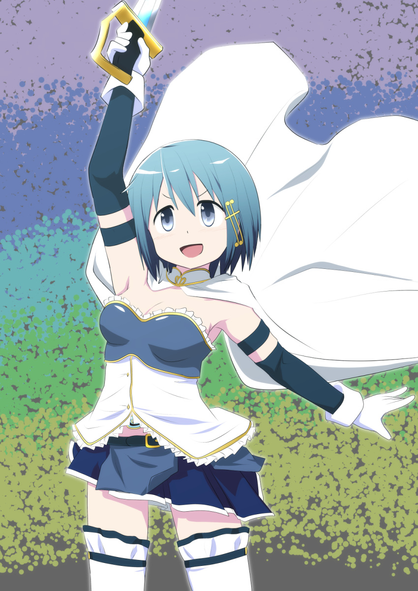 black_skirt blue_eyes blue_hair breasts cape cleavage commentary_request cutlass female fortissimo gloves hair_ornament hairclip highres holding holding_sword holding_weapon magical_girl mahou_shoujo_madoka_magica mahou_shoujo_madoka_magica_(anime) miki_sayaka miki_sayaka_(magical_girl) musical_note musical_note_hair_ornament rushou_kei short_hair skirt smile solo_focus sword thighhighs weapon white_gloves white_legwear zettai_ryouiki