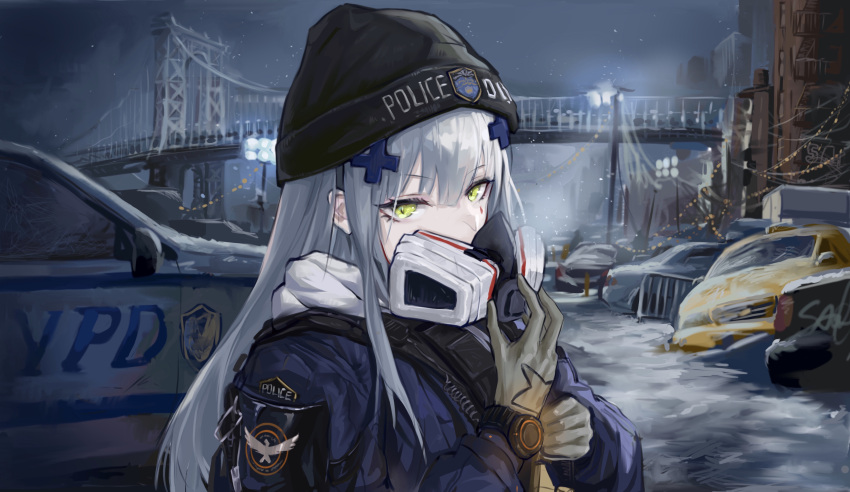 anthro building city girls_frontline gloves gray_hair green_eyes hat hk416_(girls_frontline) long_hair mask sawkm1 snow