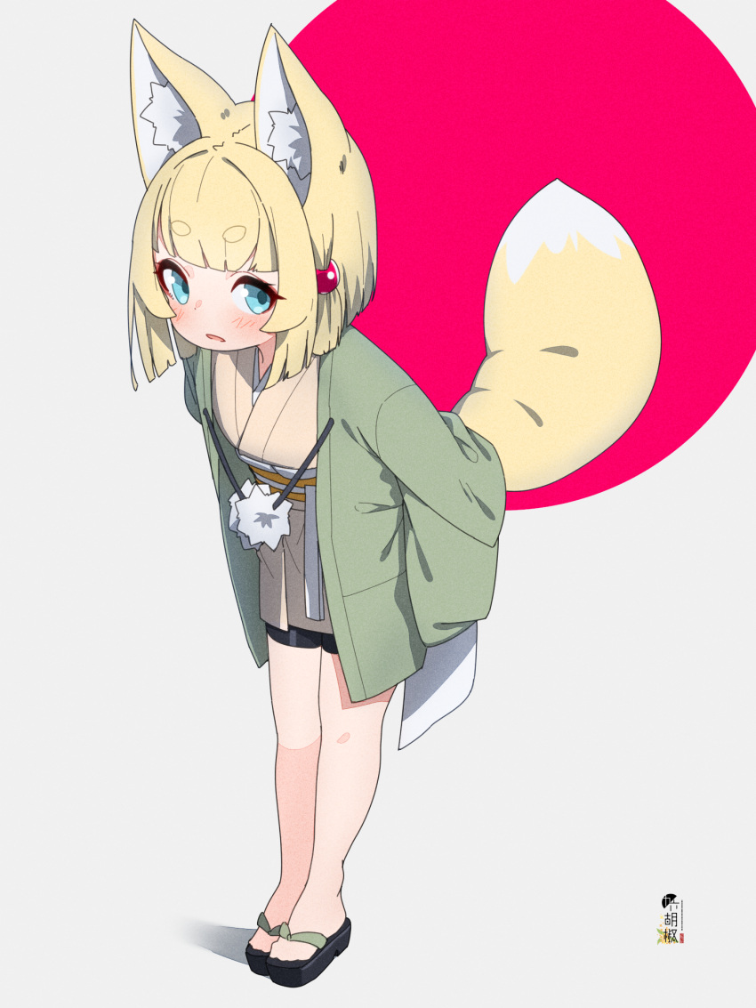 animal_ear_fluff animal_ears bike_shorts black_footwear black_shorts blonde_hair blue_eyes blunt_bangs blush brown_kimono commentary_request female fox_ears fox_girl fox_tail full_body grey_background highres japanese_clothes kimono kuro-chan_(kuro_kosyou) kuro_kosyou long_sleeves looking_at_viewer obi open_clothes original parted_lips red_background sandals sash short_eyebrows short_hair short_shorts shorts sleeves_past_fingers sleeves_past_wrists solo tail thick_eyebrows two-tone_background zouri