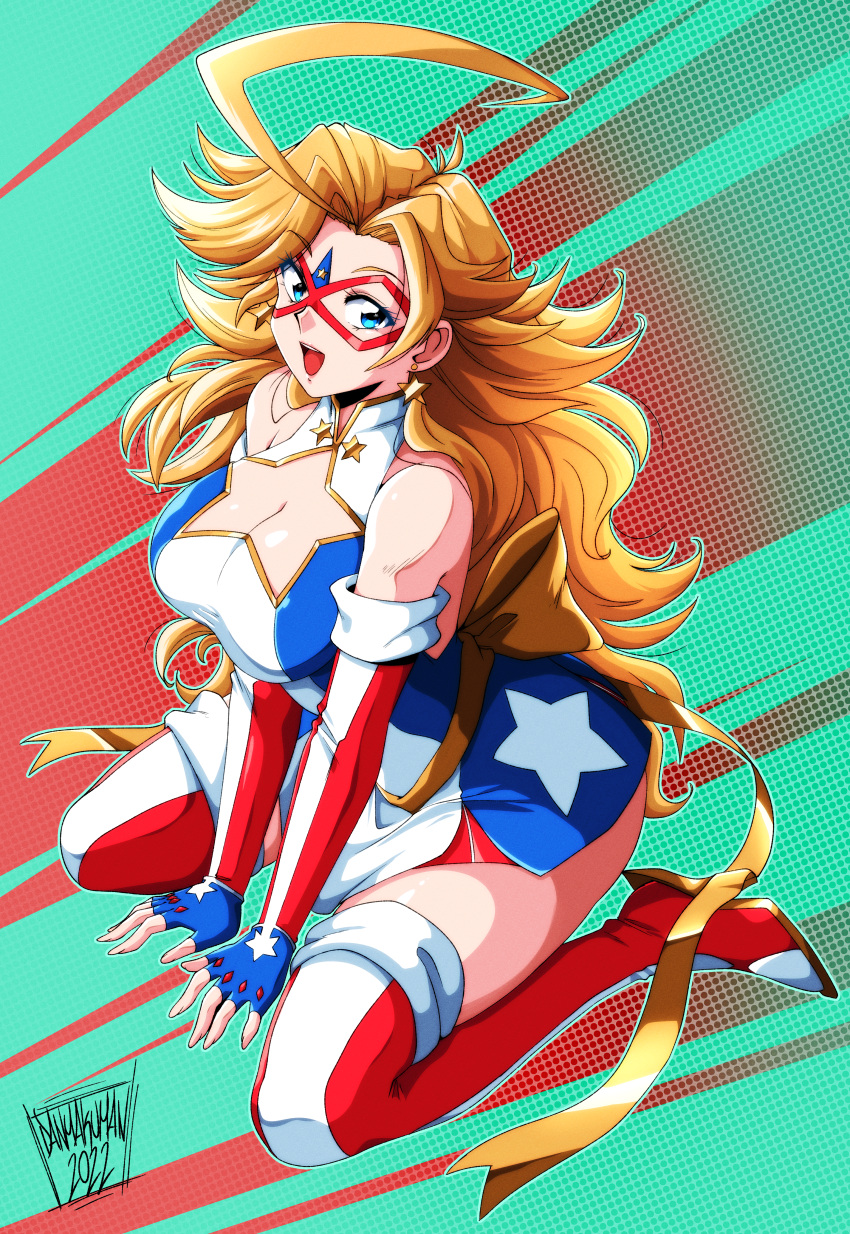 2022 absurdres ahoge american_flag american_flag_print blonde_hair boots breasts cleavage cleavage_cutout clothing_cutout commentary danmakuman dress earrings elbow_gloves english_commentary female fingerless_gloves flag_print full_body gloves highres huge_ahoge jewelry kamen_america kamen_america_(comic) large_breasts long_hair open_mouth sash short_dress signature sitting smile solo star_(symbol) star_cutout star_earrings striped_clothes striped_footwear striped_gloves superhero_costume thigh_boots vertical-striped_clothes vertical-striped_footwear vertical-striped_gloves wariza yellow_sash