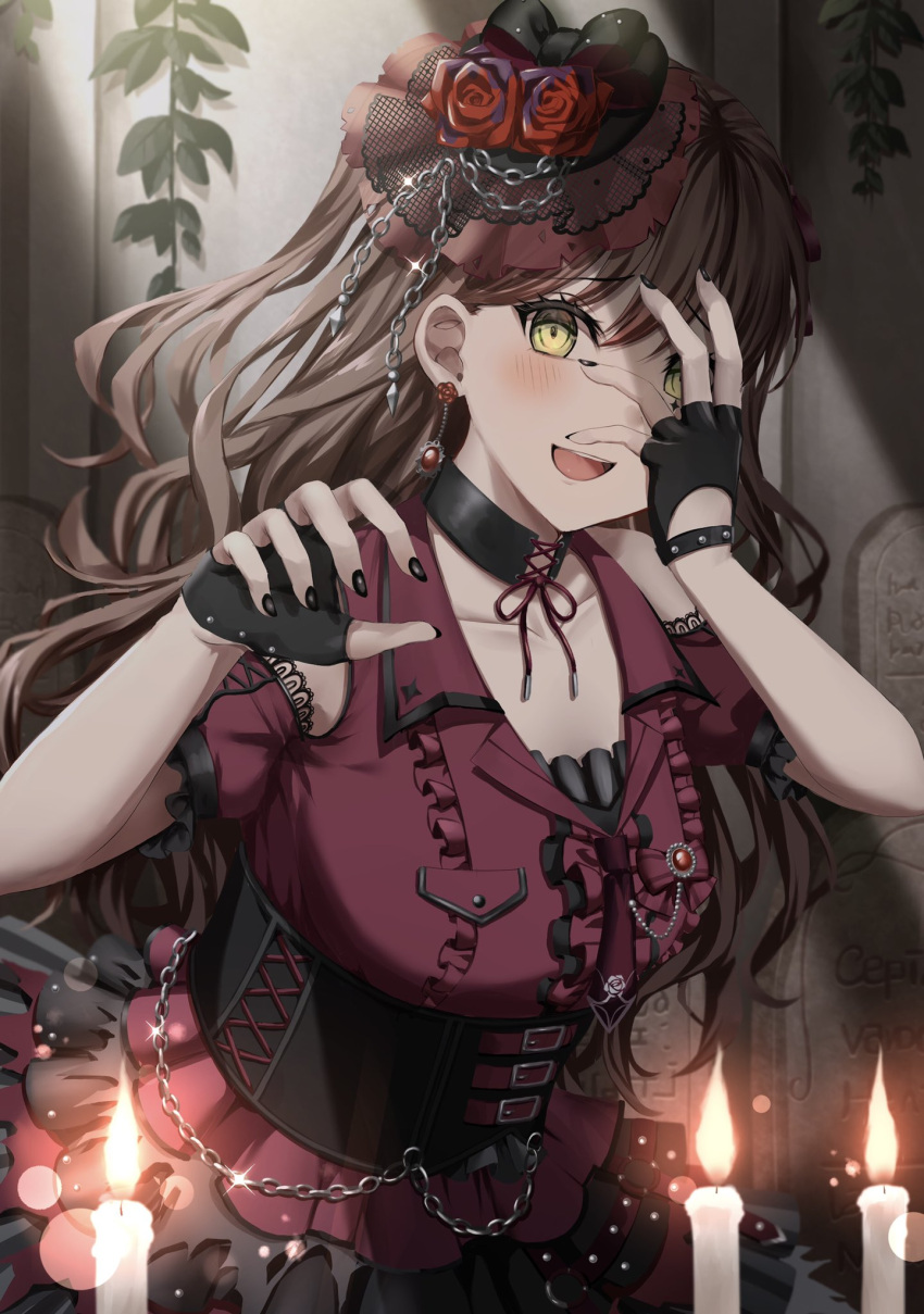 :d arm_cuffs arms_up bad_id bad_twitter_id bang_dream! belt black_choker black_gloves black_hat black_nails brown_hair candle chain_belt chains choker commentary corset covering_one_eye crazy crazy_eyes dress earrings eyelashes female fingerless_gloves flower gloves hand_over_eye hat hat_chain highres imai_lisa indoors ivy jewelry lace-trimmed_dress lace-trimmed_headwear lace_trim lens_flare long_hair looking_at_viewer mia_(fai1510) nail_polish open_mouth pocket red_dress red_flower red_rose rose sleeveless sleeveless_dress smile solo teeth tombstone top_hat upper_body upper_teeth_only yellow_eyes