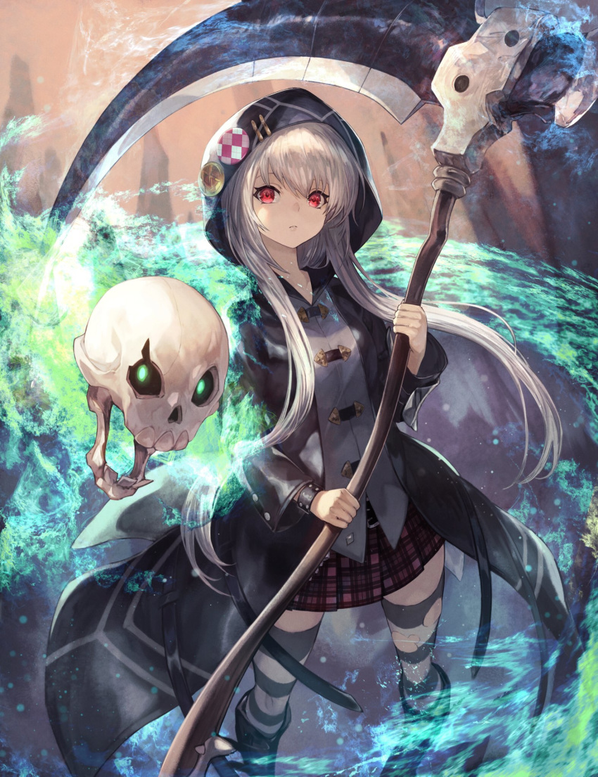 asriel_(othellonia) blue_fire closed_mouth female fire grey_hair highres holding holding_weapon hood hooded_coat long_hair long_sleeves looking_at_viewer othellonia pleated_skirt red_eyes scythe shirataki_jiro skirt skull solo striped_clothes striped_thighhighs studded_bracelet thighhighs weapon