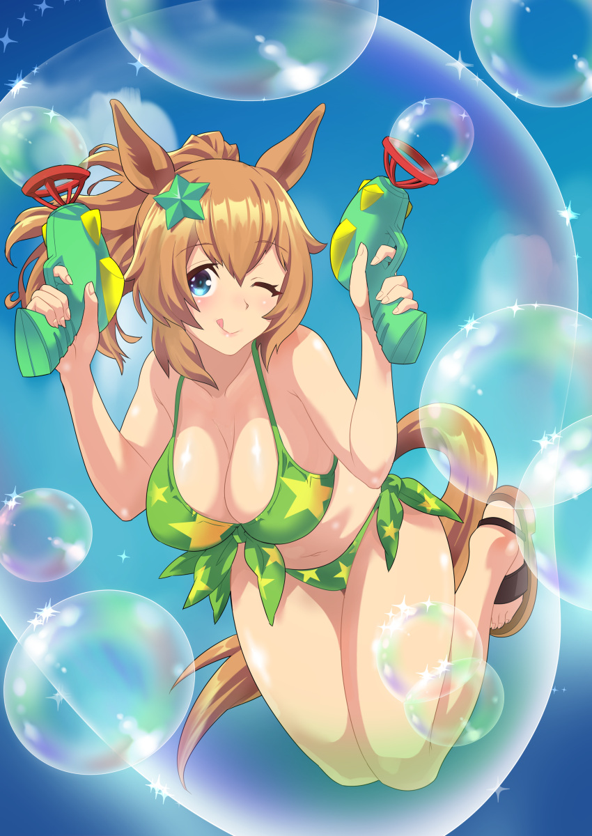 absurdres alternate_costume animal_ears bikini blue_eyes blue_sky breasts brown_hair bubble bubble_gun cleavage closed_mouth commentary_request day female front-tie_bikini_top front-tie_top hair_between_eyes hair_ornament highres horse_ears horse_girl horse_tail kazakoshi_nonta large_breasts looking_at_viewer medium_hair midair navel one_eye_closed outdoors sandals side-tie_bikini_bottom sky smile soap_bubbles swimsuit taiki_shuttle_(umamusume) tail tongue tongue_out two-tone_bikini umamusume