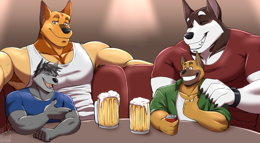 absurd_res alcohol anthro armpit_hair beer beer_mug beverage beverage_can black_hair black_nose blue_clothing blue_shirt blue_topwear body_hair brown_body brown_fur canid canine canis clock clothing domestic_dog elias_lehtinen finnish_spitz fur furniture german_shepherd gesture green_clothing green_jacket green_topwear grey_body grin group hair hand_gesture hand_on_shoulder herding_dog hi_res husky jacket jake_(jakewolf00) looking_down male mammal maroon_shirt multicolored_body multicolored_fur nelldemon nordic_sled_dog pastoral_dog ranger_(rangershepherd) shirt sitting size_difference sleeveless_shirt smartwatch smile spitz table tan_body tan_fur teeth thumbs_up topwear vladimir_huskyov watch white_body white_fur white_undershirt wolf