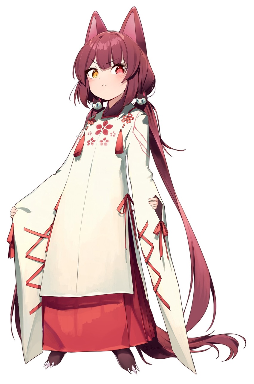 :< absurdly_long_hair animal_ears animal_feet brown_hair closed_mouth clothing_request dog_ears dog_girl dog_hair_ornament dog_tail female floral_print hair_ornament heterochromia highres inui_toko long_hair long_skirt long_sleeves low_twintails nijisanji red_eyes red_ribbon red_skirt ribbon simple_background skirt sleeves_past_wrists solo sukuna136 tail tassel twintails very_long_hair virtual_youtuber white_background yellow_eyes