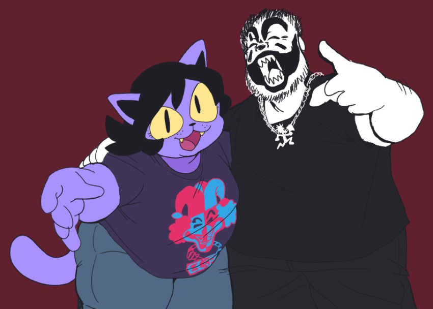 2023 anarchoblues anthro black_eyes catty_(undertale) celebrity domestic_cat duo fangs felid feline felis female fur hi_res human insane_clown_posse male mammal purple_body purple_fur real_world red_background simple_background teeth undertale_(series) violent_j yellow_sclera