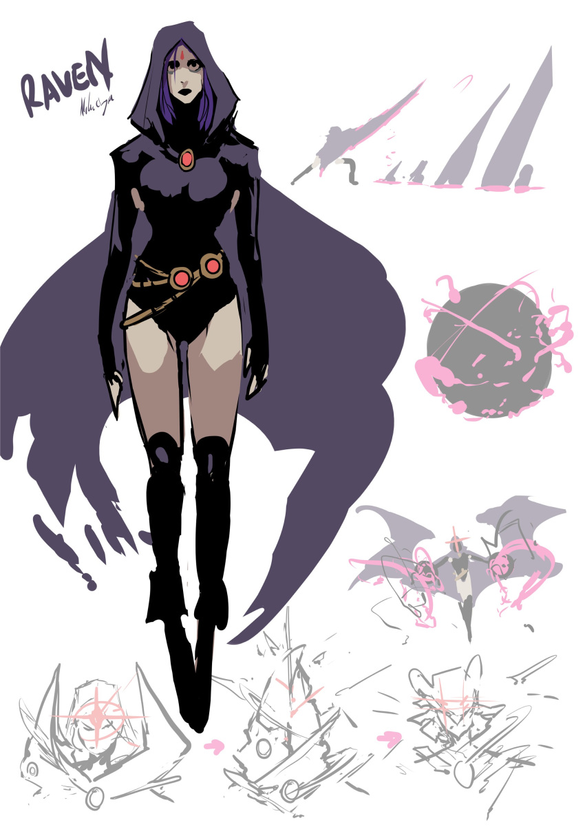 absurdres black_leotard boots breasts cape character_name colored_skin dc_comics english_commentary female forehead_jewel full_body grey_skin highres kjlbs knee_boots leotard looking_at_viewer medium_breasts purple_eyes purple_hair raven_(dc) short_hair sleeved_leotard solo teen_titans umbrakinesis