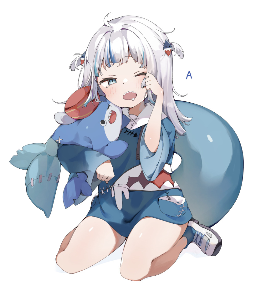 absurdres ahoge bloop_(gawr_gura) blue_eyes blue_hair blue_hoodie blue_socks commentary_request female fins fish_tail full_body gawr_gura gawr_gura_(1st_costume) grey_hair hair_ornament highres hololive hololive_english hood hoodie long_hair long_sleeves looking_at_viewer multicolored_hair one_eye_closed open_mouth saliva shark_girl shark_hair_ornament shark_tail sharp_teeth shin_no_tenpii shoes simple_background sitting socks solo streaked_hair tail teeth two_side_up virtual_youtuber white_background white_footwear