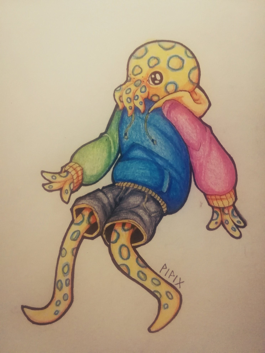 3:4 6_arms anthro blue-ringed_octopus bottomwear cephalopod clothing coleoid colored_pencil_(artwork) hi_res hoodie male marine marker_(artwork) mollusk multi_arm multi_limb octopodiform octopus pirix_qazuro shorts simple_background solo tentacle topwear traditional_media_(artwork) white_background yellow_body yellow_skin