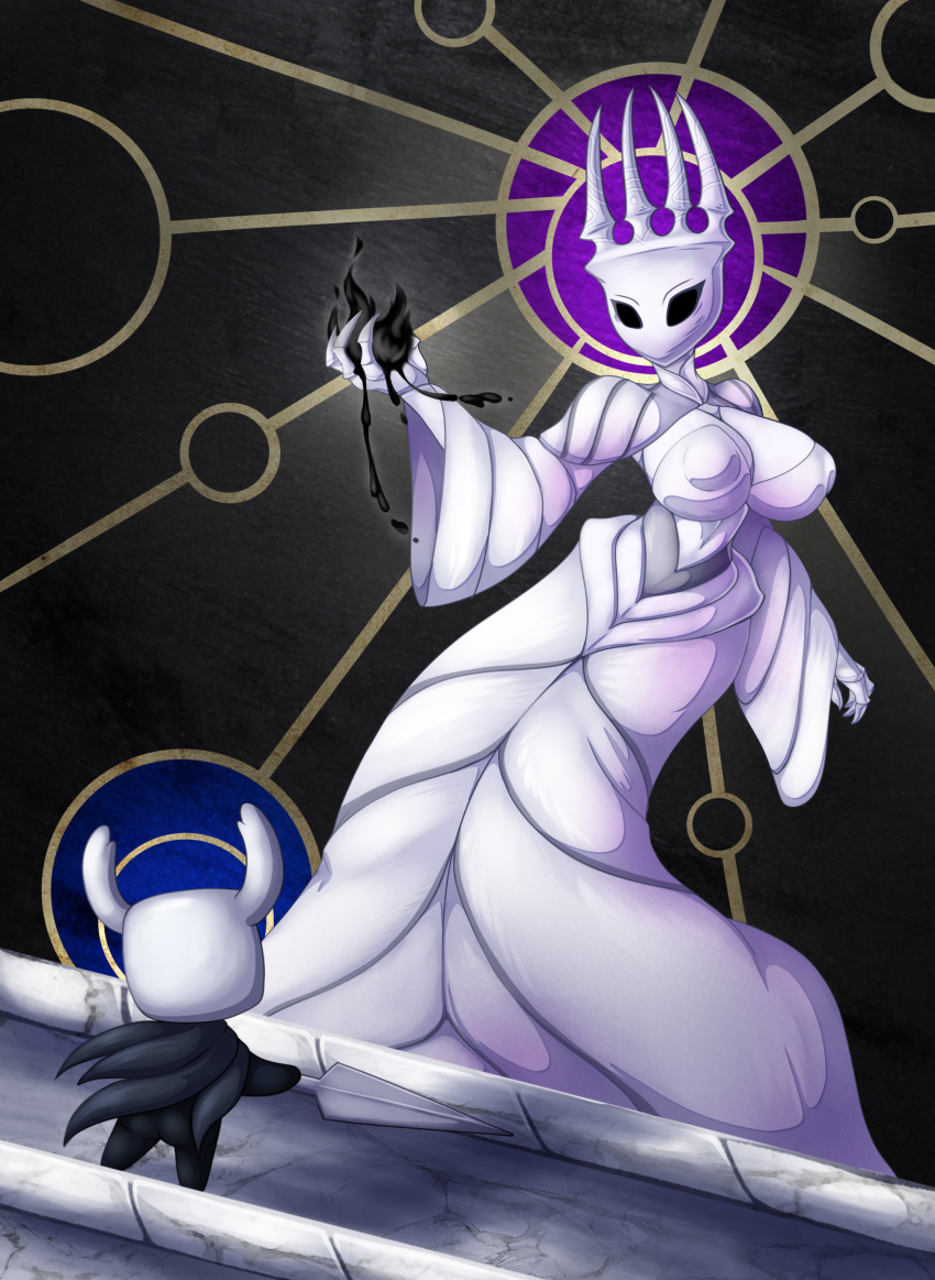 2020 absurd_res animal_humanoid arthropod arthropod_humanoid azura_inalis big_breasts breasts clothing dress duo featureless_(disambiguation) female hi_res hollow_knight humanoid insect_humanoid insects mtf_crossgender non-mammal_breasts pale_king_(hollow_knight) rule_63 size_difference team_cherry the_knight_(hollow_knight) weapon