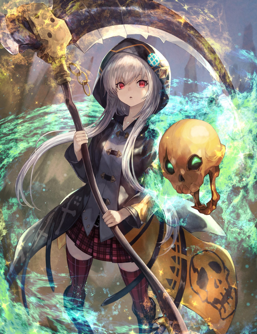 asriel_(othellonia) blue_fire female fire grey_hair highres holding holding_weapon hood hooded_coat long_hair long_sleeves looking_at_viewer othellonia parted_lips pleated_skirt red_eyes red_thighhighs scythe shirataki_jiro skirt skull solo thighhighs weapon