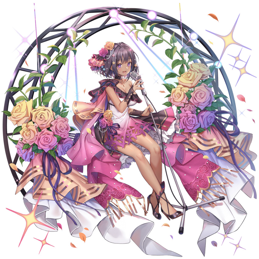 :d ark_order black_footwear black_gloves black_hair breasts cape cleavage dark-skinned_female dark_skin douya_(233) dress facial_mark falling_petals female flower frilled_cape full_body gloves gradient_dress gradient_flower hair_flower hair_ornament high_heels highres holding holding_microphone_stand large_breasts leaf long_hair microphone_stand multicolored_cape multicolored_clothes multicolored_flower official_alternate_costume official_art petals pink_cape pink_dress pink_flower pink_nails pink_rose plant purple_cape purple_eyes rose serket_(ark_order) shoes short_hair sidelocks single_bare_shoulder sitting smile solo sparkle tachi-e transparent_background vines white_dress yellow_flower yellow_rose