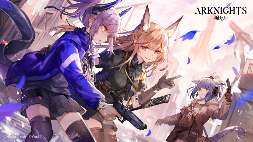 3girls animal_ears arknights black_skirt black_thighhighs blacksteel_worldwide_(arknights) blue_jacket brown_hair cat_ears cat_tail copyright_name cowboy_shot drawstring fox_ears franka_(arknights) gloves grey_gloves grey_hair grey_jacket grey_shirt gun hand_up handgun headphones highres holding holding_gun holding_weapon horns id_card jacket jessica_(arknights) left-handed liskarm_(arknights) long_sleeves looking_at_another miniskirt multiple_girls open_clothes open_jacket orange_eyes ozadomi parted_lips pleated_skirt ponytail shirt short_hair short_ponytail sidelocks skirt smile standing tail thighhighs thighs watch weapon wristwatch zettai_ryouiki