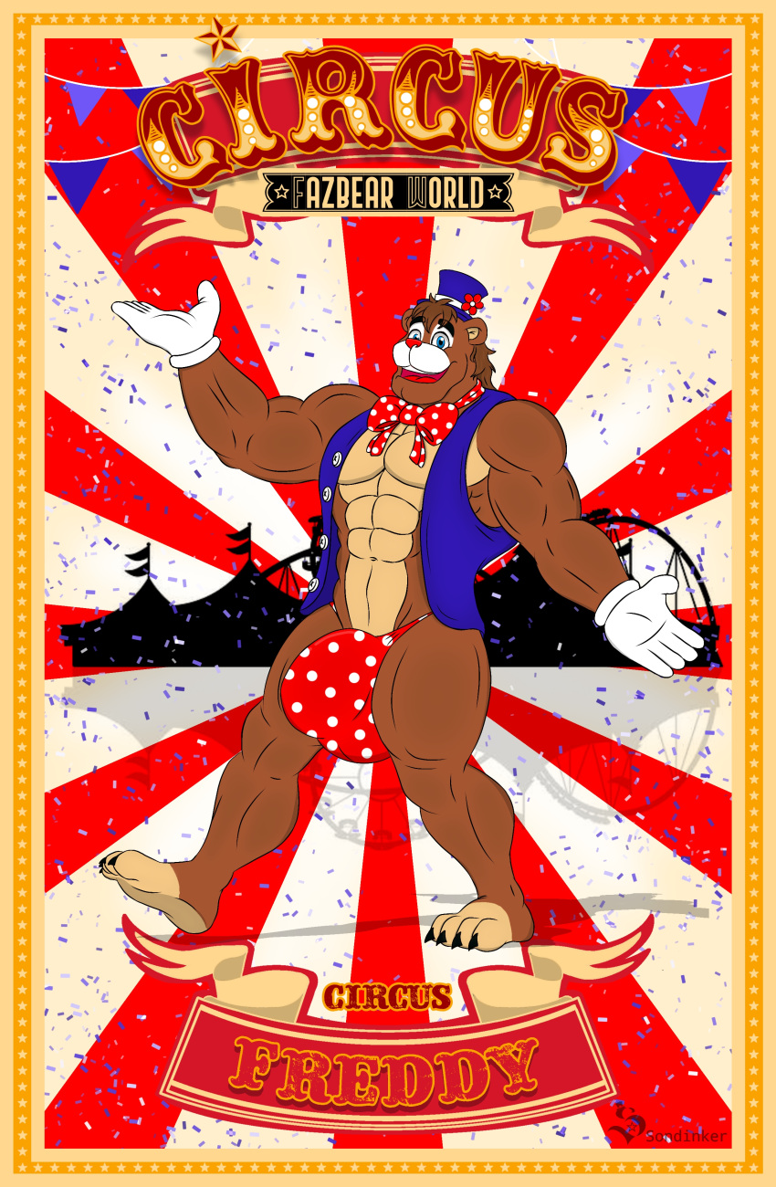 absurd_res anthro balls_outline bear big_bulge border bulge circus clothing clown confetti detailed_bulge five_nights_at_freddy's freddy_(fnaf) genital_outline hi_res huge_bulge male mammal penis_outline poster poster_template scottgames solo sondinker_fazbear's topwear vest yellow_border