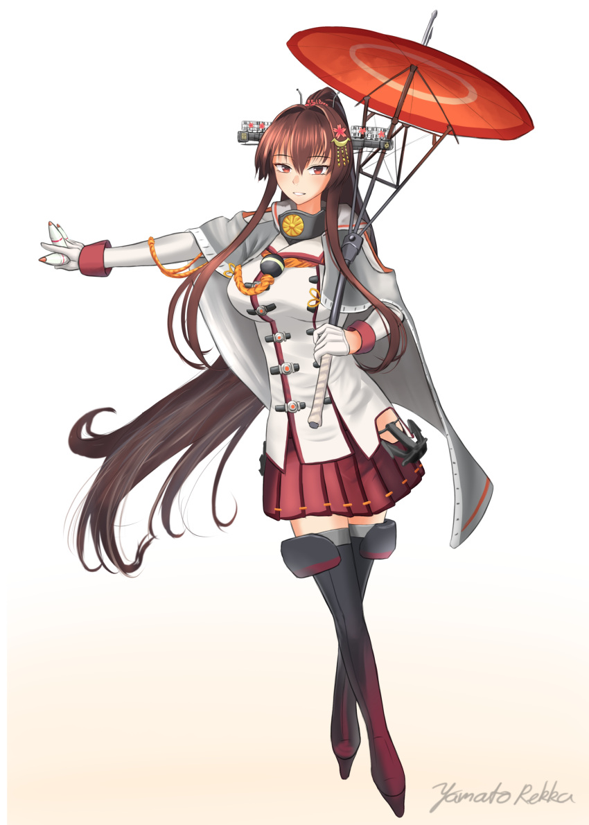 absurdres anchor black_footwear boots breasts brown_eyes brown_hair cherry_blossoms cloak female flower full_body gloves gradient_footwear hair_flower hair_intakes hair_ornament headgear high_ponytail highres hip_vent holding holding_shell holding_umbrella jacket kantai_collection large_breasts long_hair long_sleeves miniskirt oil-paper_umbrella original_remodel_(kantai_collection) pleated_skirt ponytail red_footwear red_skirt red_umbrella rekka_yamato shell sidelocks simple_background skirt solo standing thigh_boots thighhighs umbrella very_long_hair white_cloak white_gloves white_jacket yamato_(kancolle)