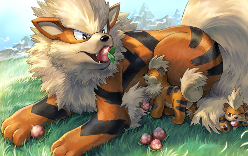 arcanine berry_(pokemon) black_eyes commentary day grass growlithe level-00 mountainous_horizon no_humans one_eye_closed outdoors pecha_berry pokemon pokemon_(creature)