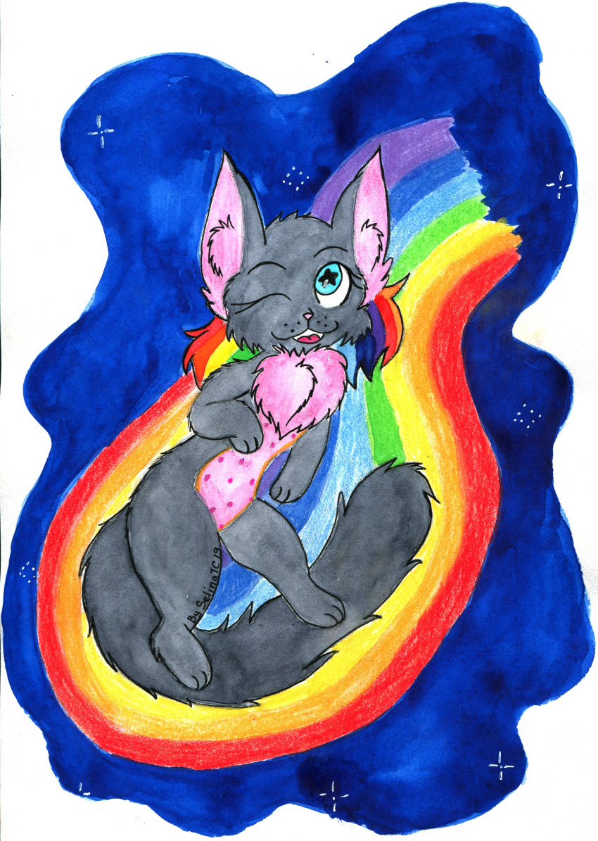 absurd_res alternate_form anthro anthrofied black_body black_fur blue_eyes domestic_cat felid feline felis food food_creature fur graphite_(artwork) hi_res hybrid mammal meme night nyan_cat nyan_cat_(copyright) painting_(artwork) pencil_(artwork) pink_body pink_fur pop-tarts rainbow rainbow_trail selinatc sky solo space traditional_media_(artwork) watercolor_(artwork)