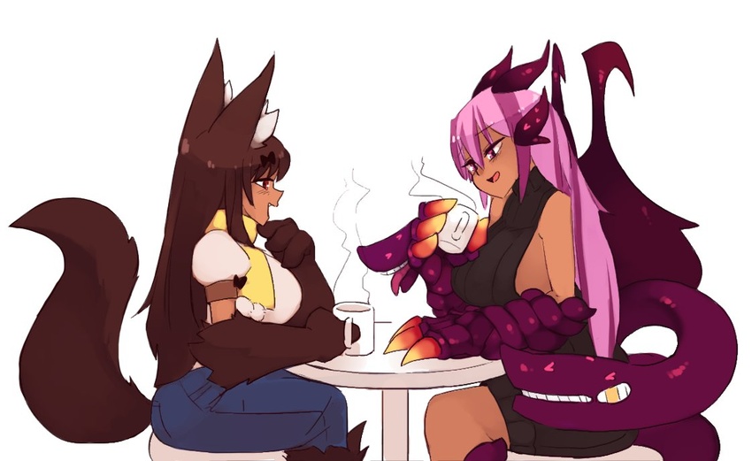 2girls animal_ears animal_hands anubis_(monster_girl_encyclopedia) blue_pants blush breasts brown_hair chair claws coffee commentary cup dark-skinned_female dark_skin dragon_girl english_commentary fur holding holding_cup jabberwock_(monster_girl_encyclopedia) jackal_ears jackal_tail large_breasts long_hair monster_girl monster_girl_encyclopedia multiple_girls open_mouth pants pink_eyes red_eyes rtil simple_background sitting smile table tail turtleneck white_background