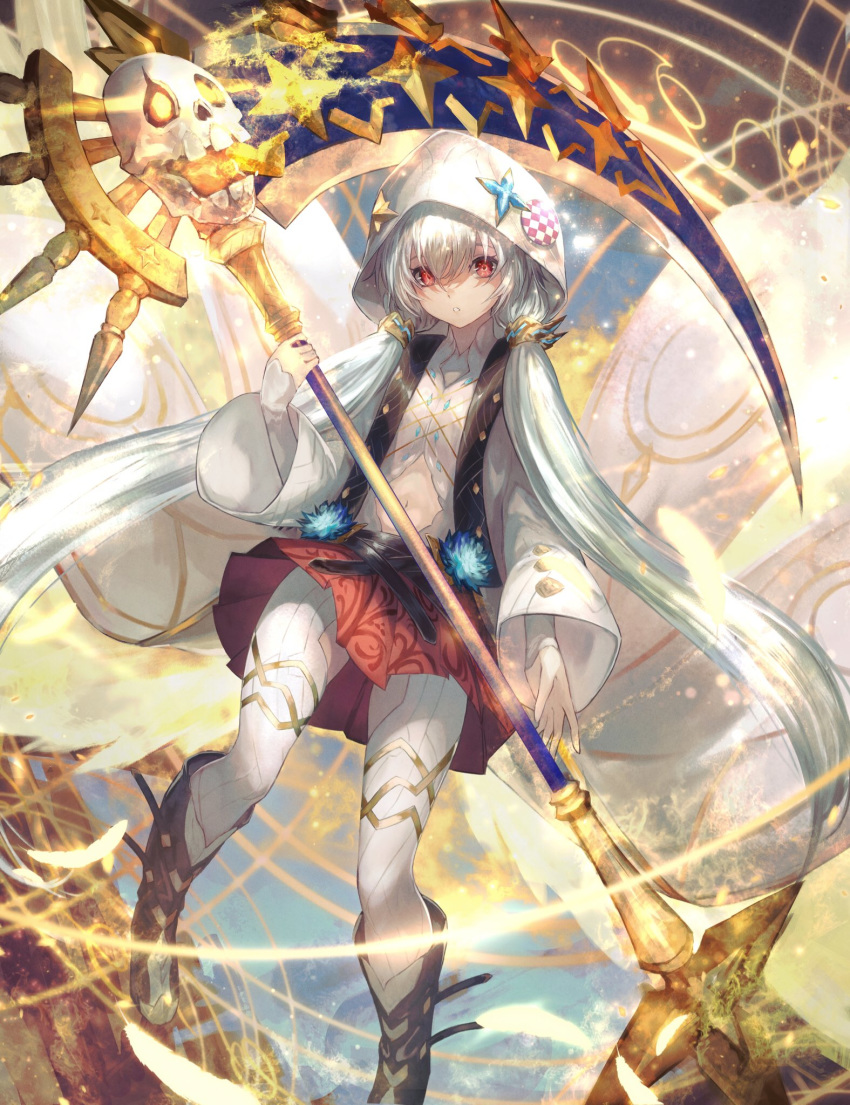 asriel_(othellonia) female grey_hair hair_ornament highres holding holding_weapon hood hooded_coat long_hair long_sleeves looking_at_viewer low_twintails navel othellonia parted_lips red_eyes red_skirt scythe shirataki_jiro skirt solo thighhighs twintails very_long_hair weapon white_thighhighs