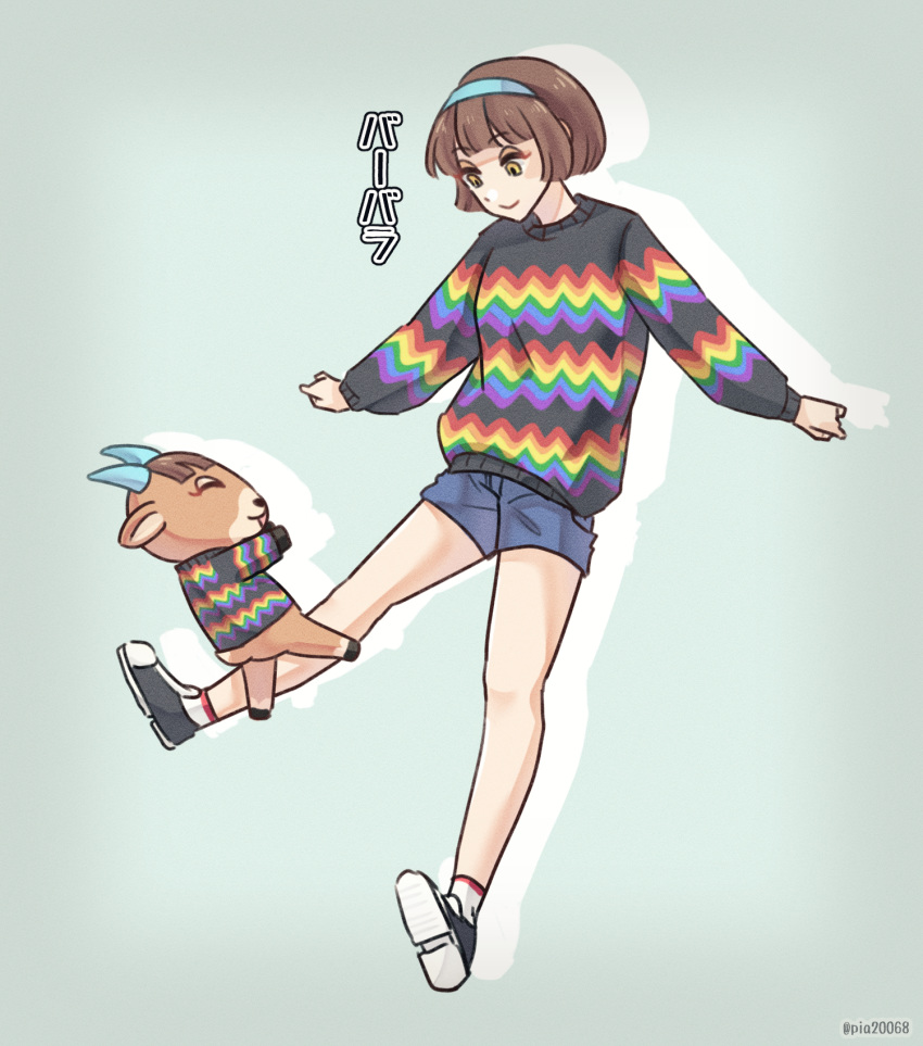 an777an animal_crossing animal_ears artist_name baabara_(animal_crossing) brown_hair closed_eyes female goat goat_ears goat_horns grey_background hairband highres horns humanization open_mouth solo yellow_eyes