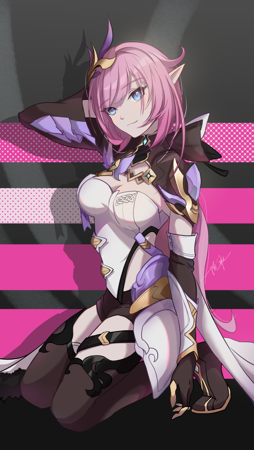 absurdres black_footwear black_shorts blue_eyes boots breasts cleavage cleavage_cutout closed_mouth clothing_cutout elf elysia_(honkai_impact) elysia_(miss_pink_elf)_(honkai_impact) female full_body hair_ornament highres honkai_(series) honkai_impact_3rd long_hair long_sleeves looking_at_viewer ooo_wange pink_hair pointy_ears ponytail shorts smile solo thigh_boots