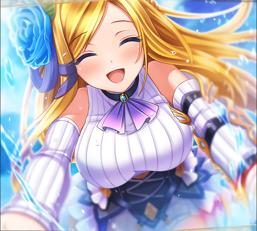 >_< :d artist_request bare_shoulders blonde_hair blue_eyes blue_flower blue_rose blurry blush breasts caladbolg_(phantom_of_the_kill) choker closed_eyes corset depth_of_field detached_sleeves female flower frills game_cg gauntlets hair_flower hair_ornament hair_ribbon large_breasts long_hair miniskirt official_art open_mouth ornate_clothes outstretched_arms parted_bangs phantom_of_the_kill ribbon rose skirt smile solo splashing water water_drop xd