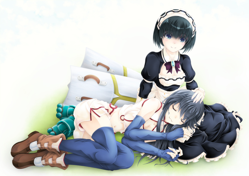 2girls black_hair blue_gloves blue_thighhighs boldcats breasts cleavage cleavage_cutout closed_eyes clothing_cutout commentary_request coppelia_(log_horizon) elbow_gloves eyebrows fingerless_gloves gloves highres kanami_(log_horizon) lap_pillow log_horizon long_hair maid maid_headdress medium_breasts midriff multiple_girls navel resting shield short_hair shorts sitting smile thighhighs white_shorts