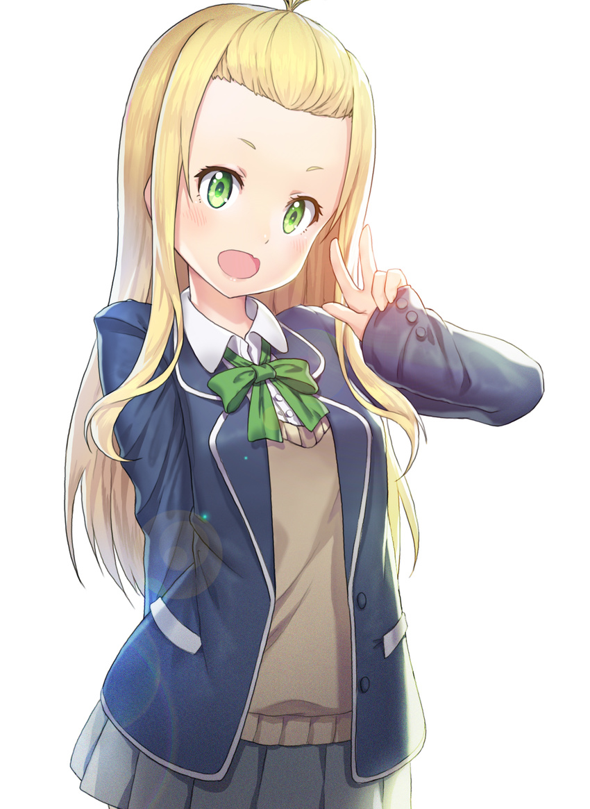 blonde_hair colette_(kono_bijutsubu_niwa_mondai_ga_aru!) commentary female green_eyes highres kono_bijutsubu_niwa_mondai_ga_aru! long_hair madyy photoshop_(medium) school_uniform simple_background solo v