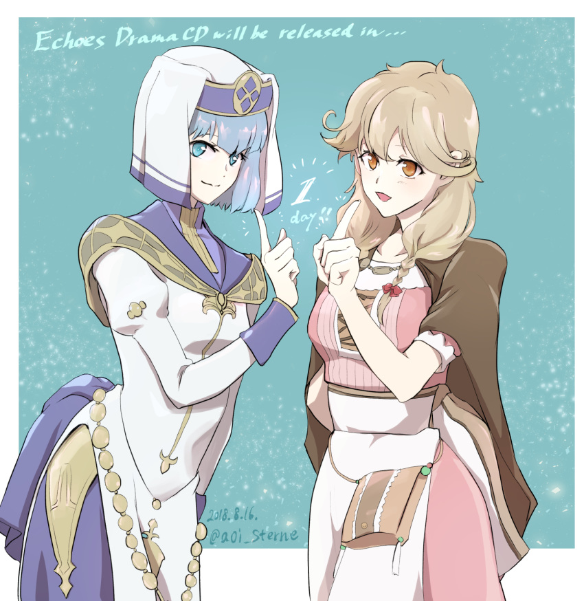 ! !! 2girls aoi_(xxxaoi) artist_name blonde_hair blue_eyes blue_hair bow cape commentary_request copyright_name dated dress faye_(fire_emblem) fire_emblem fire_emblem_echoes:_shadows_of_valentia highres long_hair low-braided_long_hair low-tied_long_hair multiple_girls open_mouth silque_(fire_emblem) sparkle veil yellow_eyes