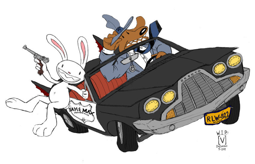 2019 [in]vader alpha_channel anthro canid canine canis car clothing desoto desoto_(car) desoto_adventurer domestic_dog duo gun handgun hat headgear headwear hi_res inside_car lagomorph leporid luger mammal max_(sam_and_max) motor_vehicle necktie police police_car police_vehicle rabbit ranged_weapon sam_and_max samuel_dog vehicle weapon